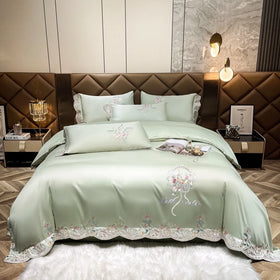 ODM/OEM Exquisite Flower Embroidery Green Duvet Cover Luxury 100% Cotton All Season Quilt Cover Bedding Set Supplier