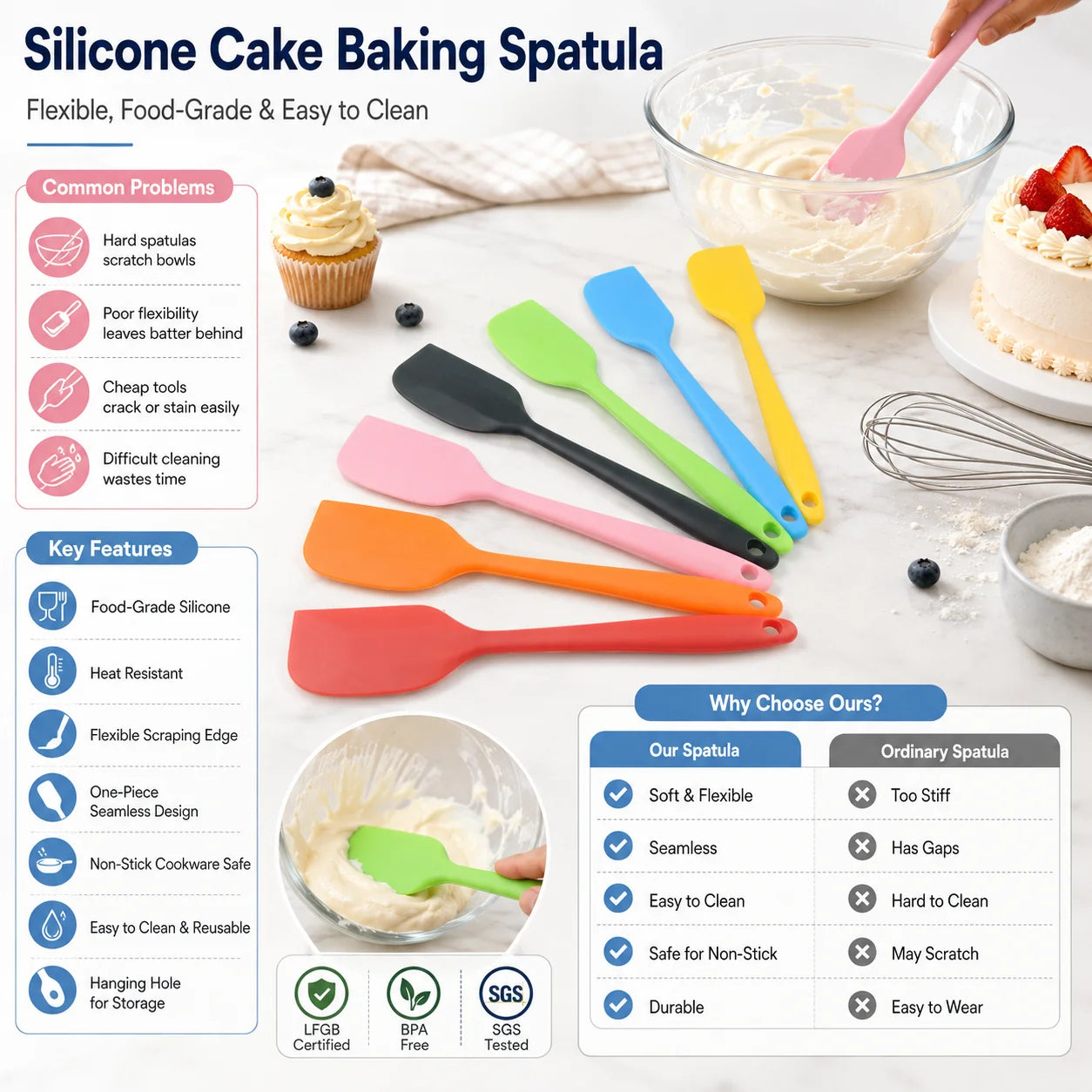 Custom Logo Food Grade Heat Resistant Silicone Cake Baking Spatula OEM ODM Non Scratch Silicone Scraper Private Label Packaging