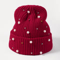 Women's Winter Warm Pearl Rhinestone Skull Caps Soft Knitted Bonnet Beanies Comfortable Outdoor Hat for Ladies