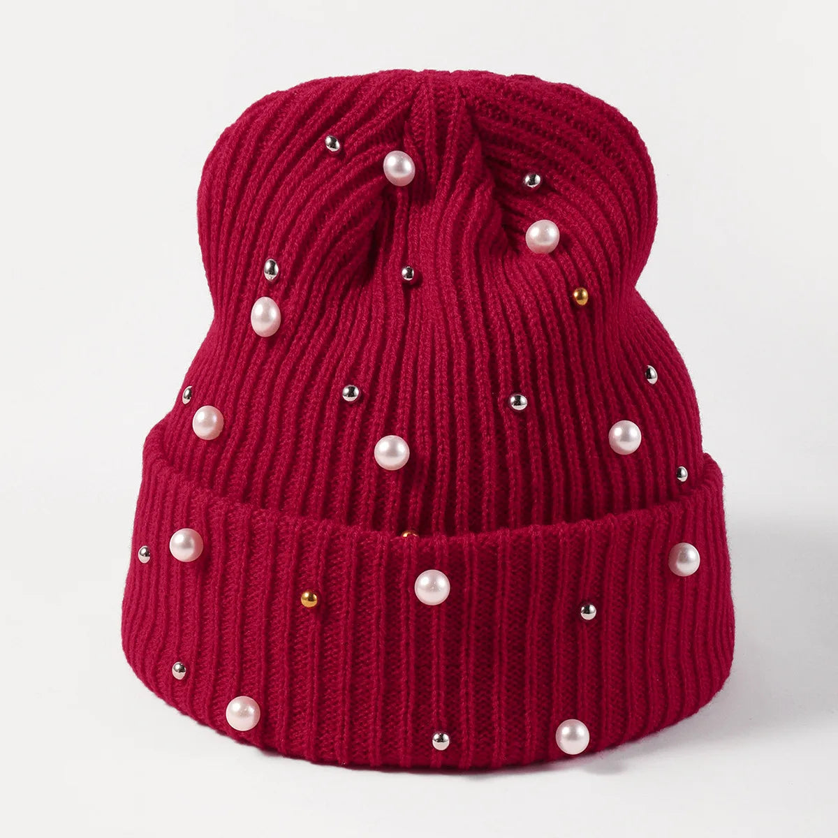 Women's Winter Warm Pearl Rhinestone Skull Caps Soft Knitted Bonnet Beanies Comfortable Outdoor Hat for Ladies