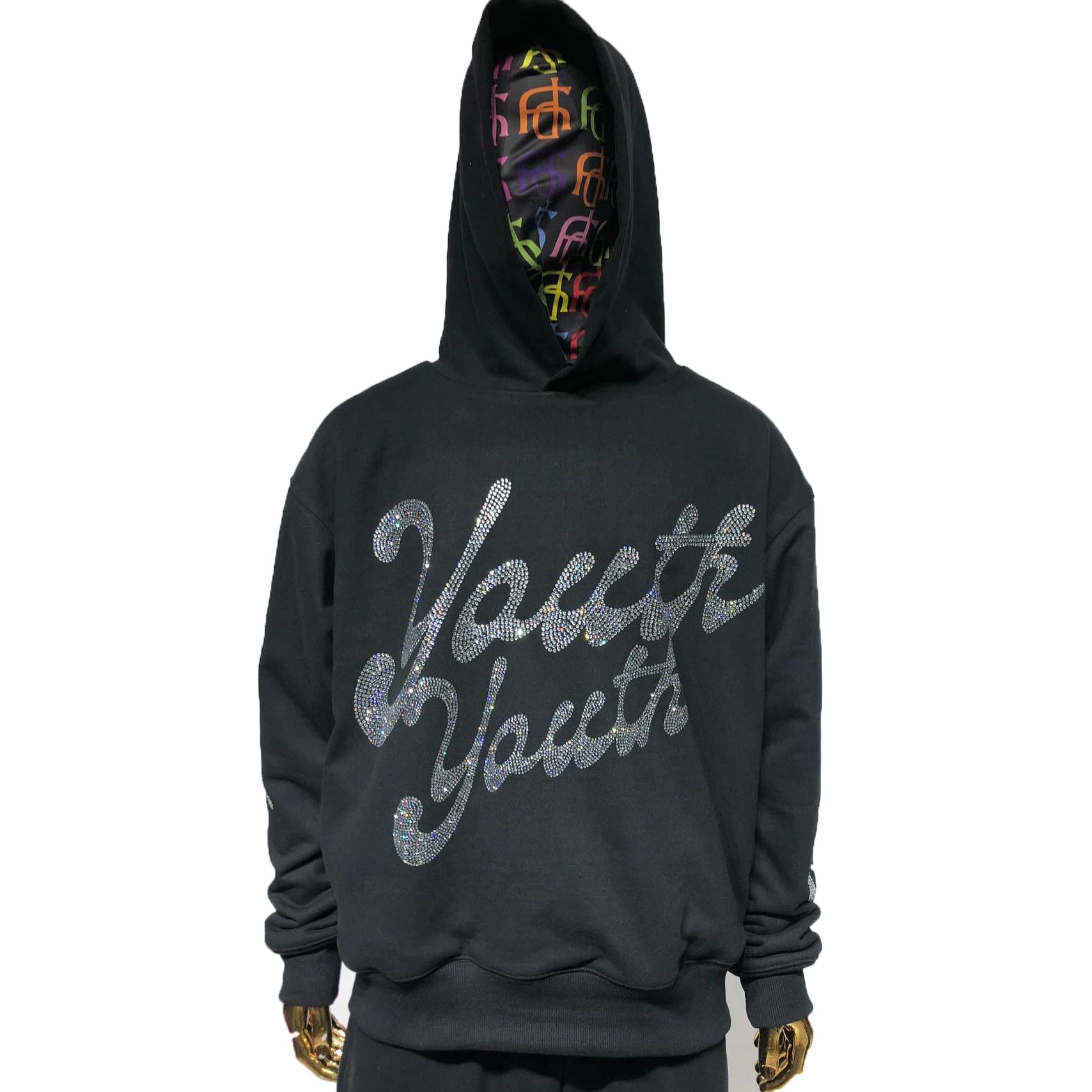 Wholesale Custom Men's Heavyweight 100% Cotton Hoodie Streetwear Style Rhinestone Design Printing Puff Crop Raw Hem Collar