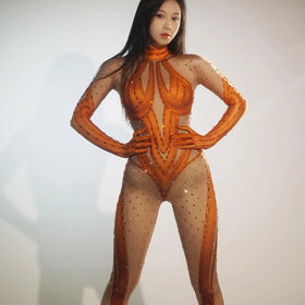 Fashion Long Sleeves Dance Leotard Rhinestone Jumpsuit Ladies Rompers Club Party Show Bodysuits Women Stage Performance Jumpsuit