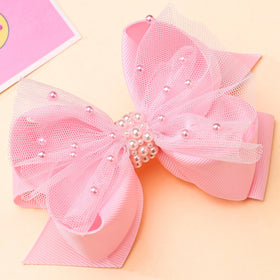 CN 2023 Korea Pink Mesh Hair Bow Clip Full Pearl Luxury Girls Headband Boutique Hair Bow Toddrels