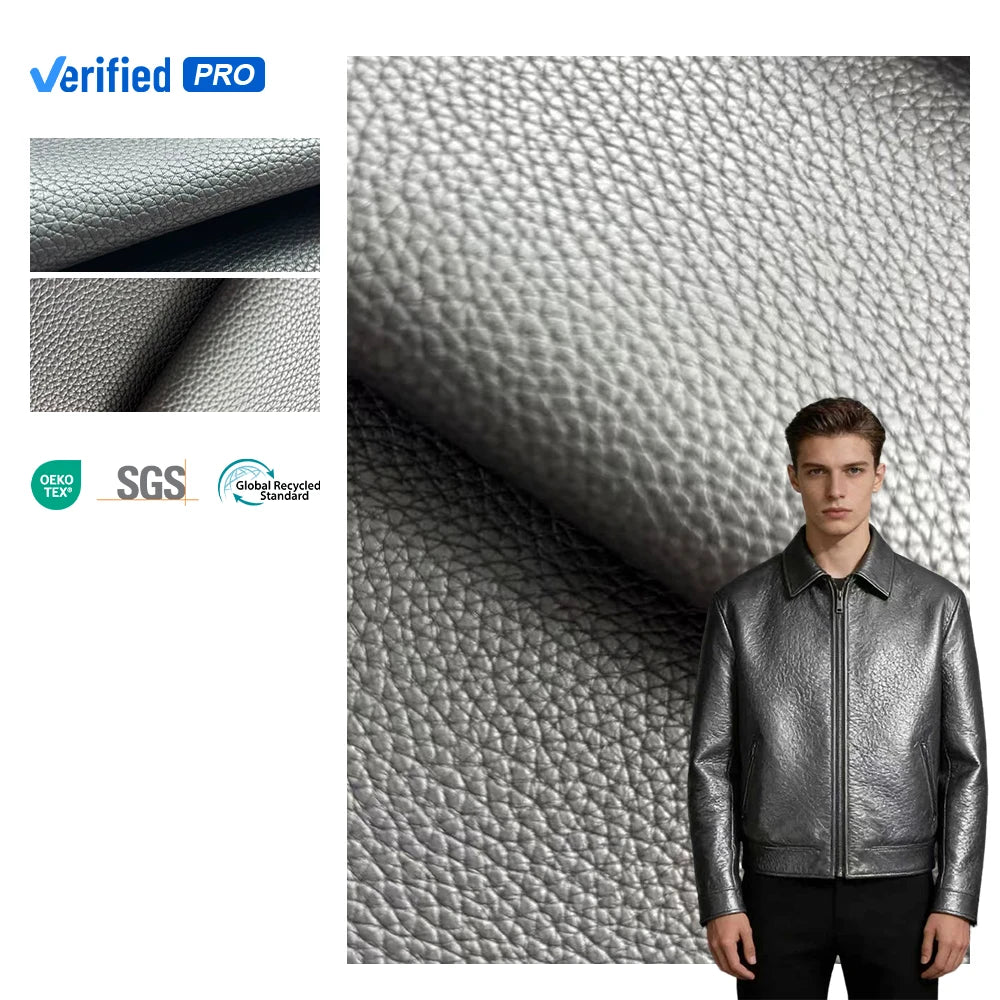 PFAS FREE Classical Lychee Pattern Elastic Faux Leather Soft Poly Backing Synthetic Leather Fabric Eco-Friendly Ready Goods