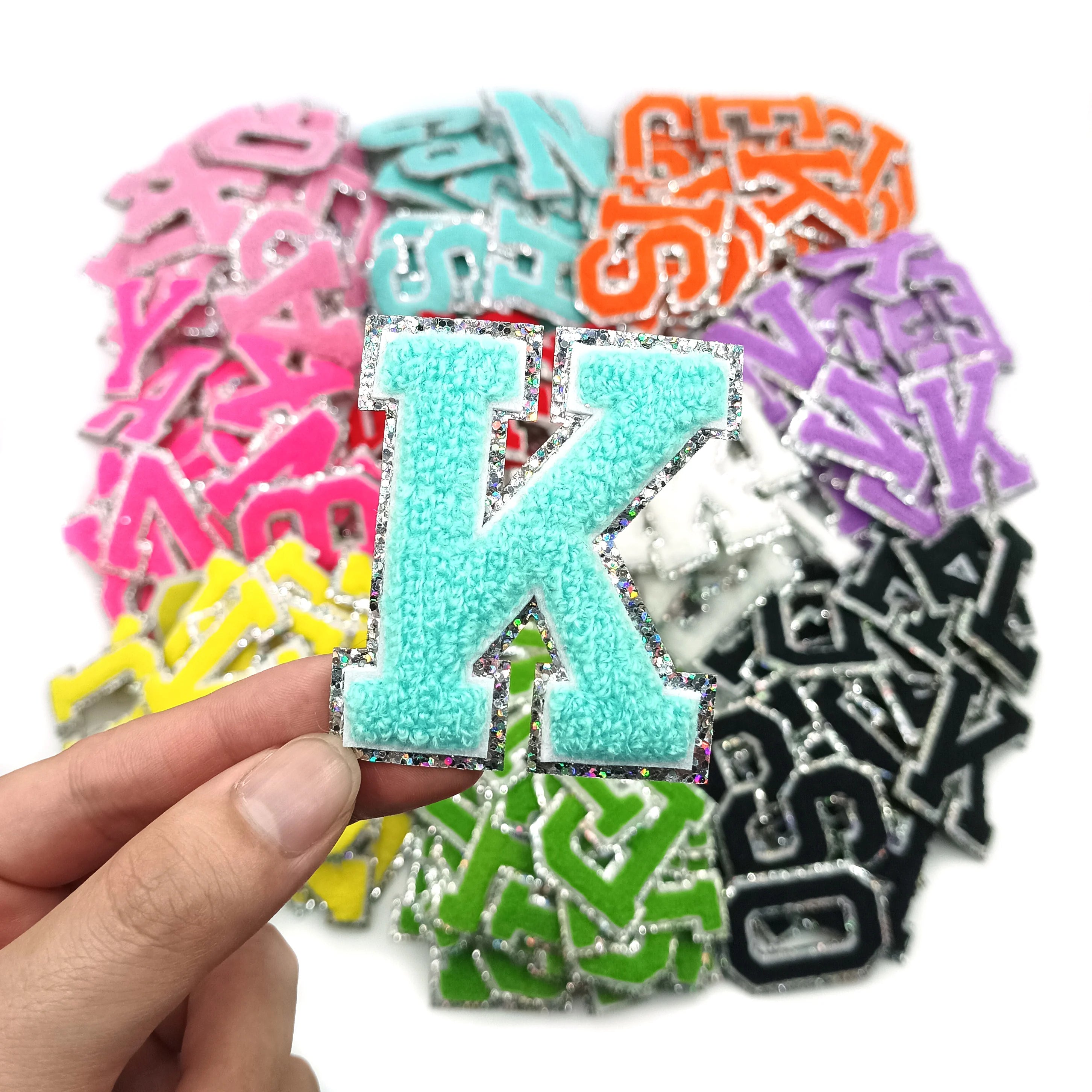 New Embroidered Silver Edge Aqua Blue Glitter Bling Chenille 6.5cm Iron-On Aqua Blue Letter Patches