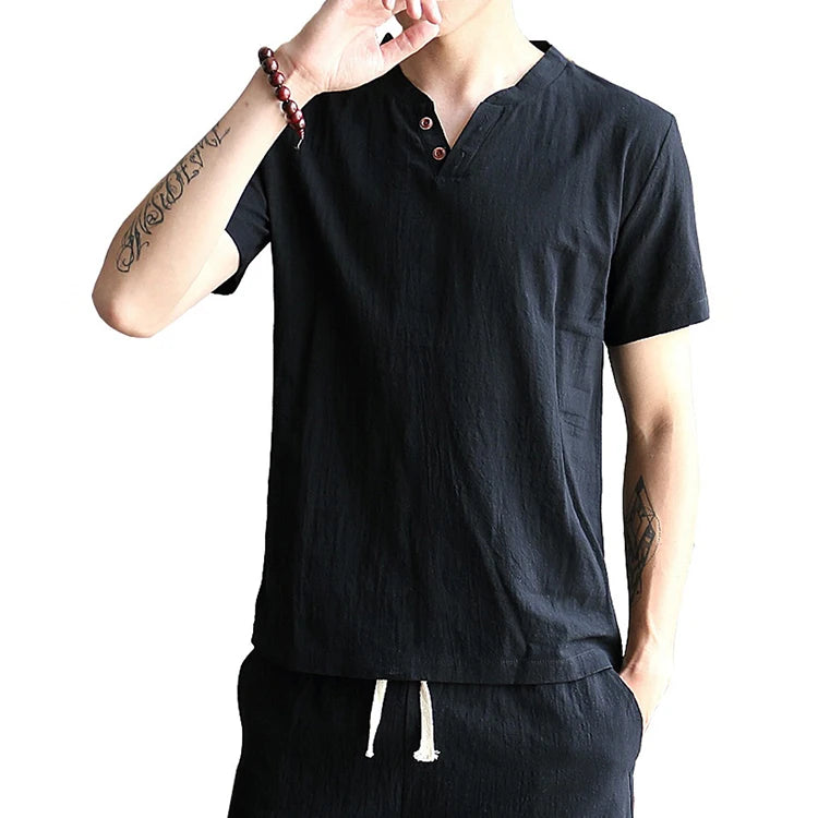 Custom Large Linen Short Sleeve T Shirt Men's Summer Thin Loose V-neck Tshirt Casual t Shirt