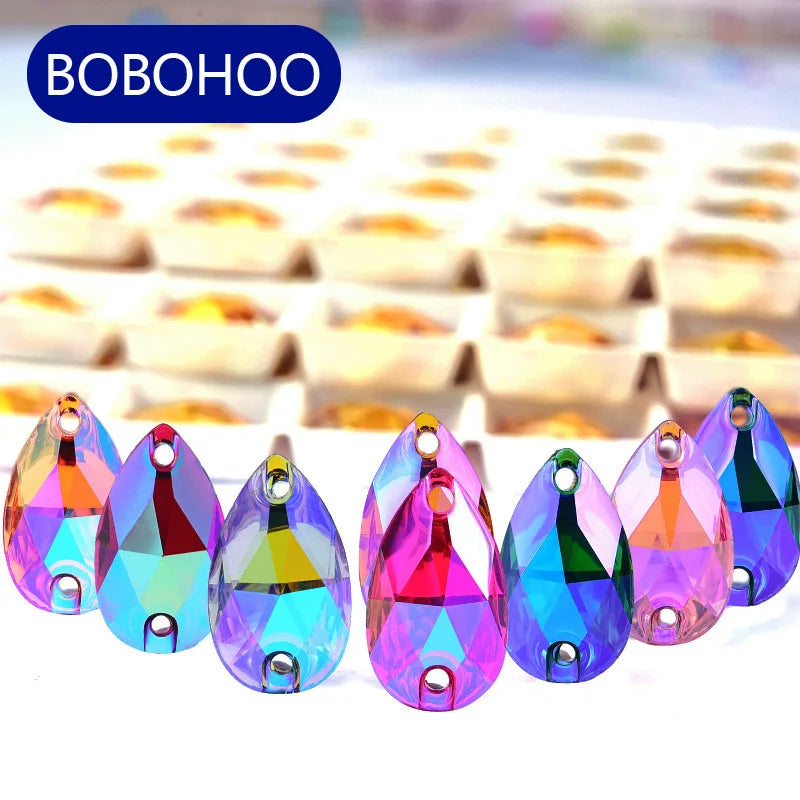 BOBOHOO Rhinestones Wholesale Hot Sale Teardrop Crystal AB Silver Bottom Sew on Rhinestones Resin for Dress Applique Clutch