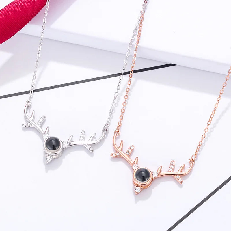 New 100 Languages I Love You Necklace Romantic Deer Horn Pendant Short Sterling Silver Necklaces for Wedding Christmas Day Opal