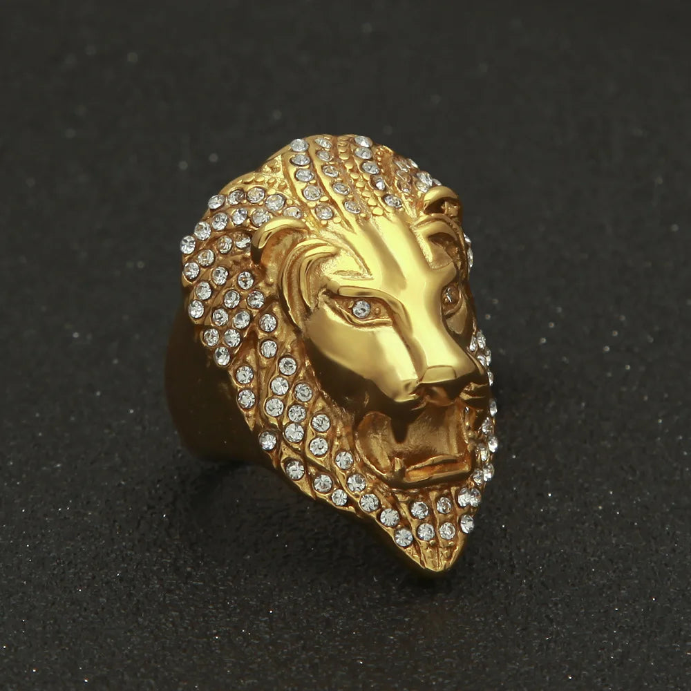 Micro Pave Rhinestone Iced Out Bling Lion Head Mens Ring IP Gold Filled Titanium Stainless Steel Rings for Men Jewelry