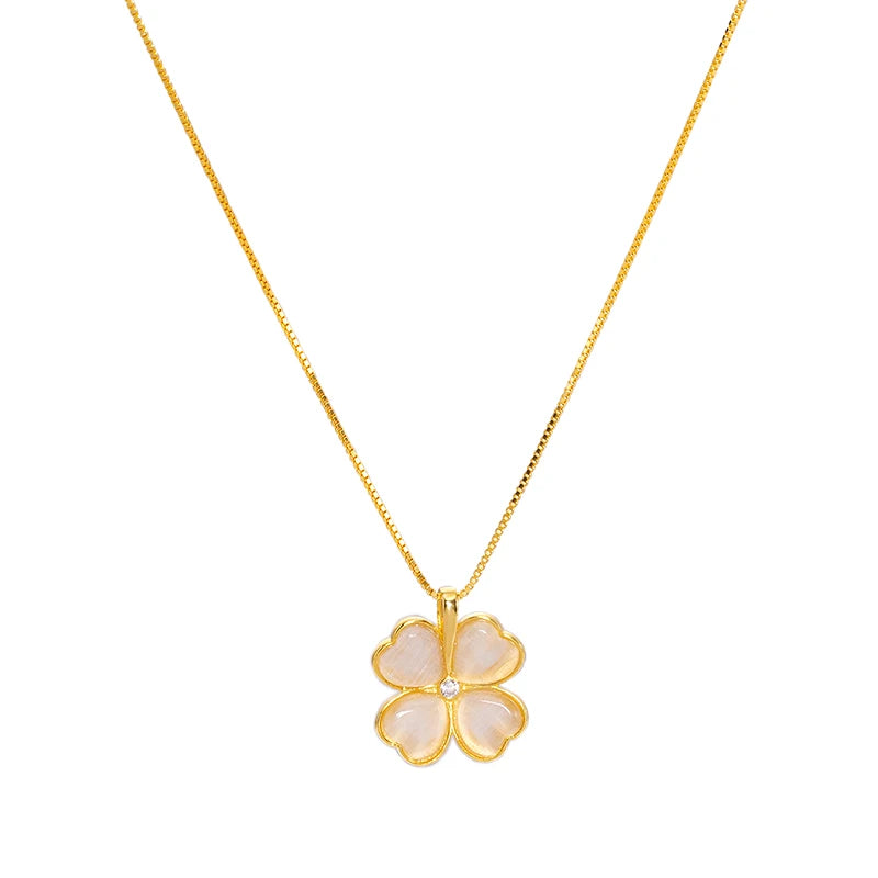 In Stock Cat Eye Stone Four Leaf Clover Pendant Silver 925 Gemstone Necklace