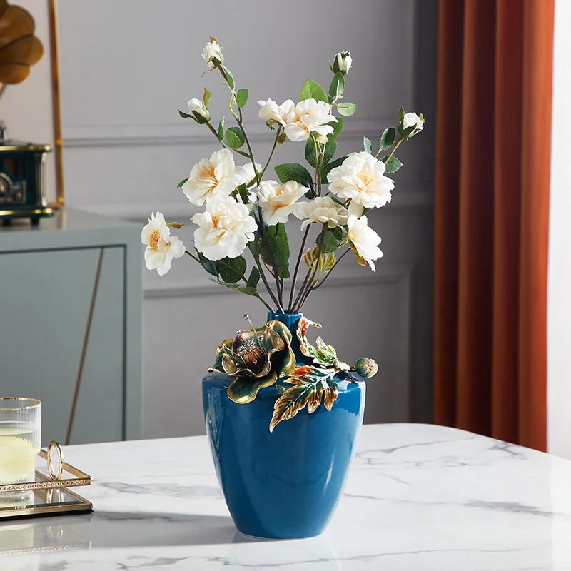 Creative Cloisonne Vase European Style Home Decoration Light Luxury Enamel Blue Ceramic Flower Vase for Dinning Table Decor