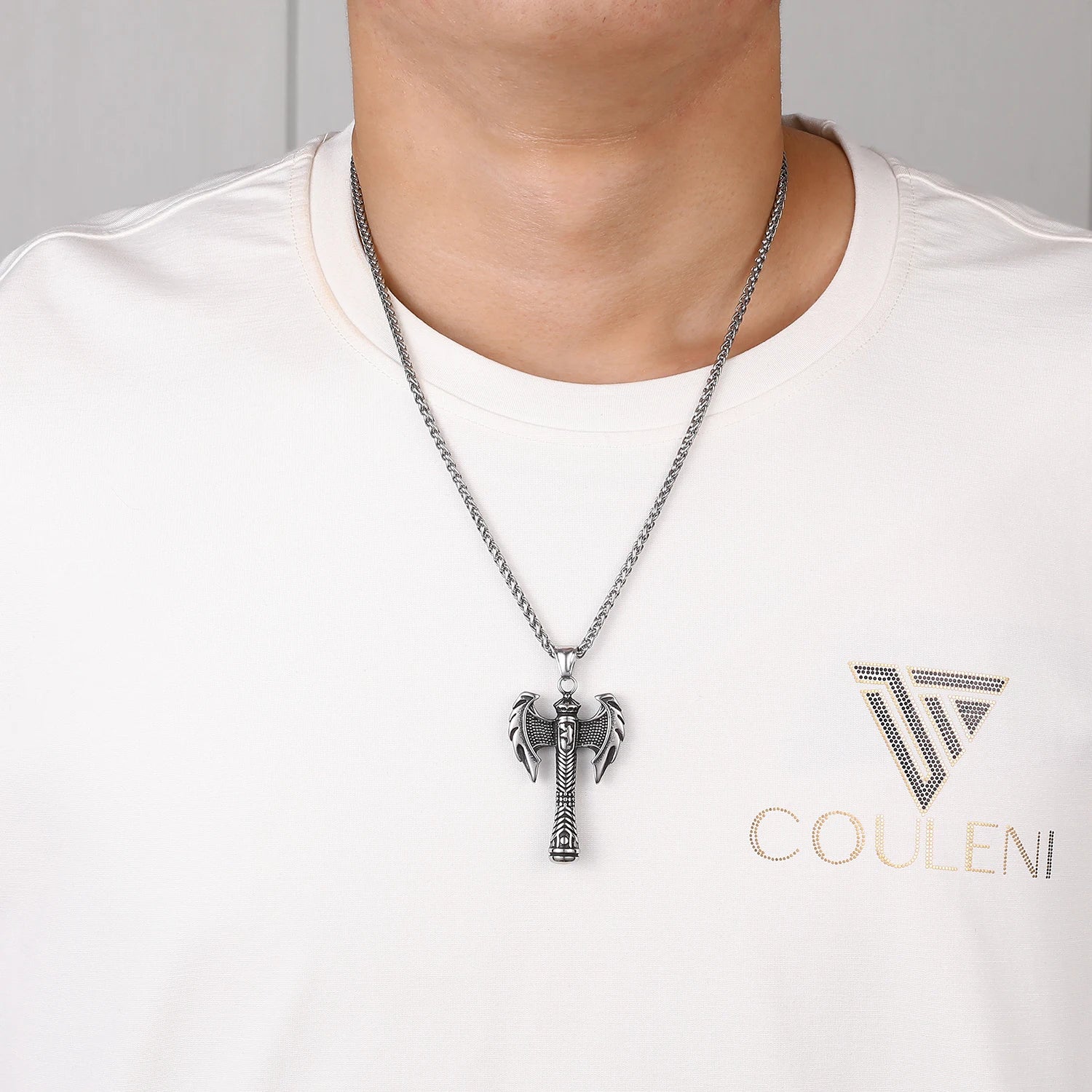 Norse Viking Men's Axe Pendant Necklace Talisman Stainless Steel Silver Necklace Wheat Chain Jewelry for Man