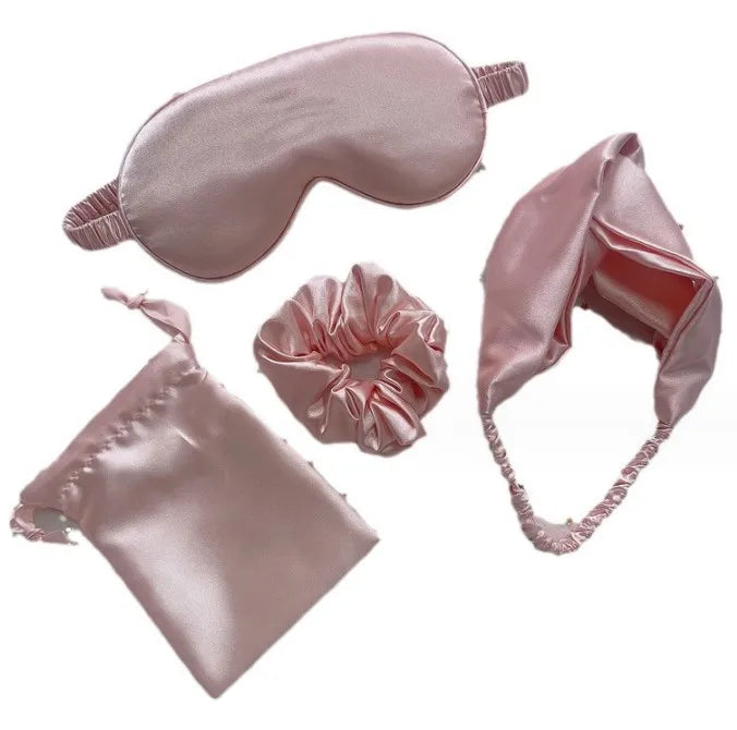 4pcs Set Soft Imitated Satin Silk Sleep Eye Mask Set with Headband pouch and Scrunchies
