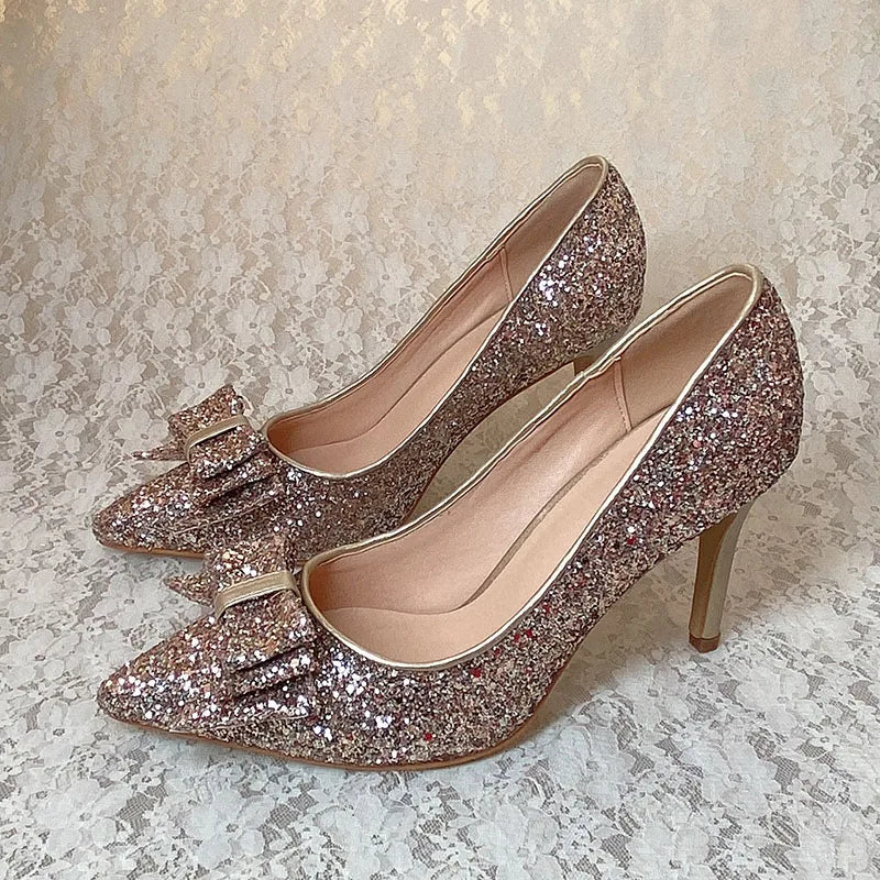 Champagne Gold Glitter Wedding Shoes Bridal 9cm Heel