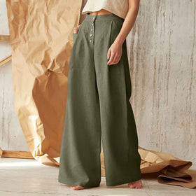 Boutique Wholesale 2026 Spring New Solid Color High Waist Casual Button Cotton Linen Wide Leg Pants Women's Pants