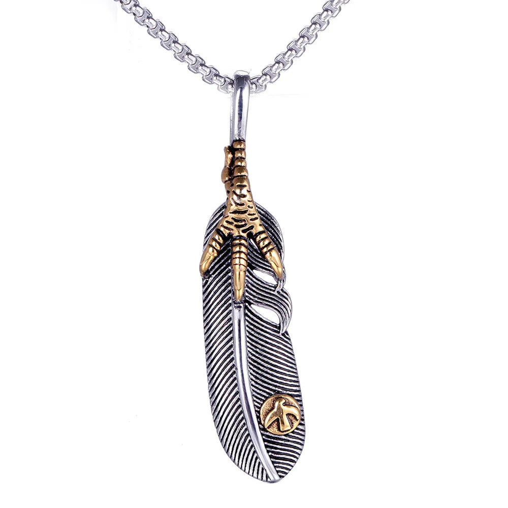 Luxury Men Stainless Steel Dragon Eagle Claw Feather Pendant Chain Necklace