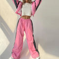 Custom Logo Full Zipper Patch Work Long Sleeved Sweatshirt Tracksuit Lapel Coat and Wide Legs Loose Casual 2 Piece Set