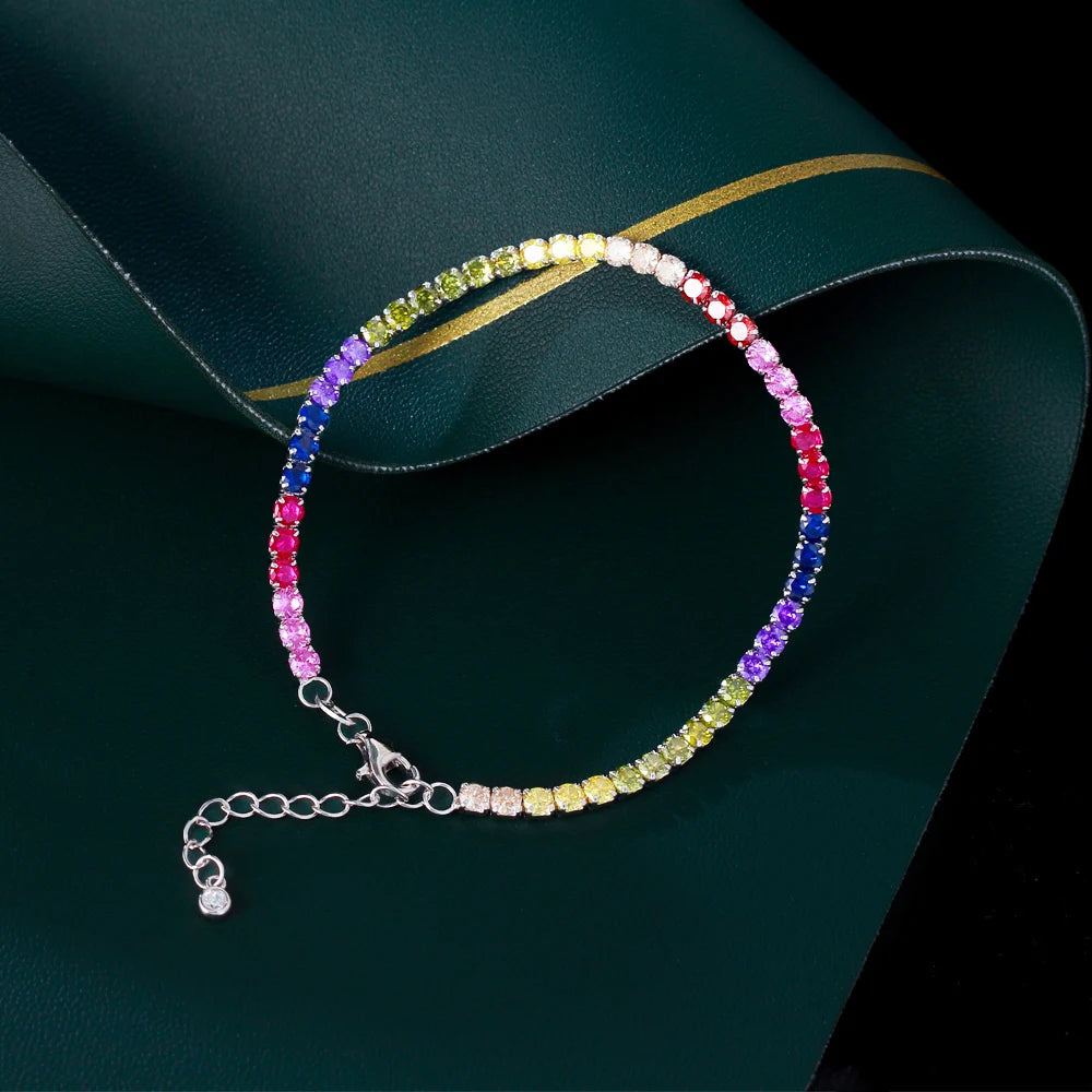 Fine Jewelry Tennis Bracelet Round Cubic Zircon CZ S925 Sterling Silver Rainbow Color 2.5mm Tennis Bracelet for Women