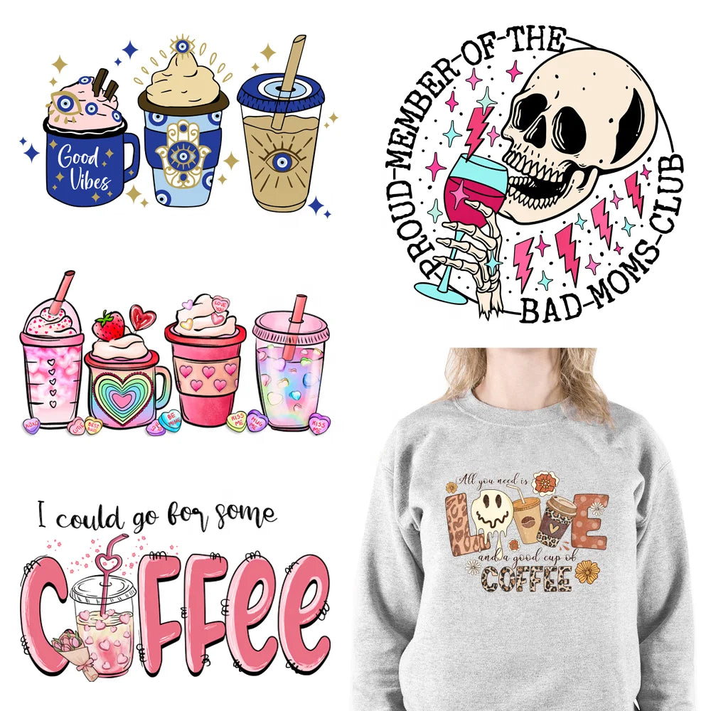 Wholesale Custom but First Coffee Designs Logo Printing Leopard Coffee Cups DTF Heat Transfer Sticker for Clothes
