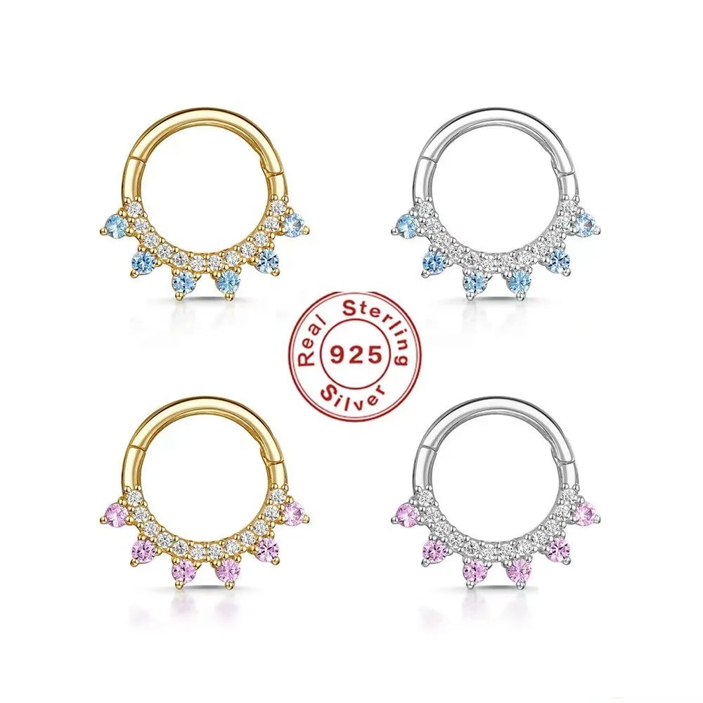 Gaby 925 Sterling Silver Nose Rings Septum Clicker pink Zirconia Rook Clicker Nose Rings for Women Fine Jewelry Piercing Jewelry