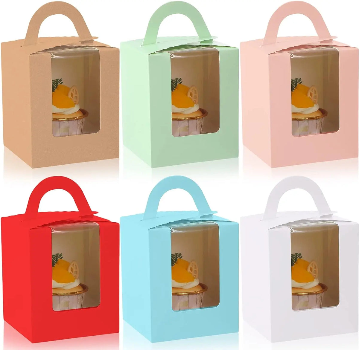 Wholesale Portable Kraft Cupcake Carriers Individual Cupcake Boxes Colourful Cupcakes Containers with Insert Window Handle