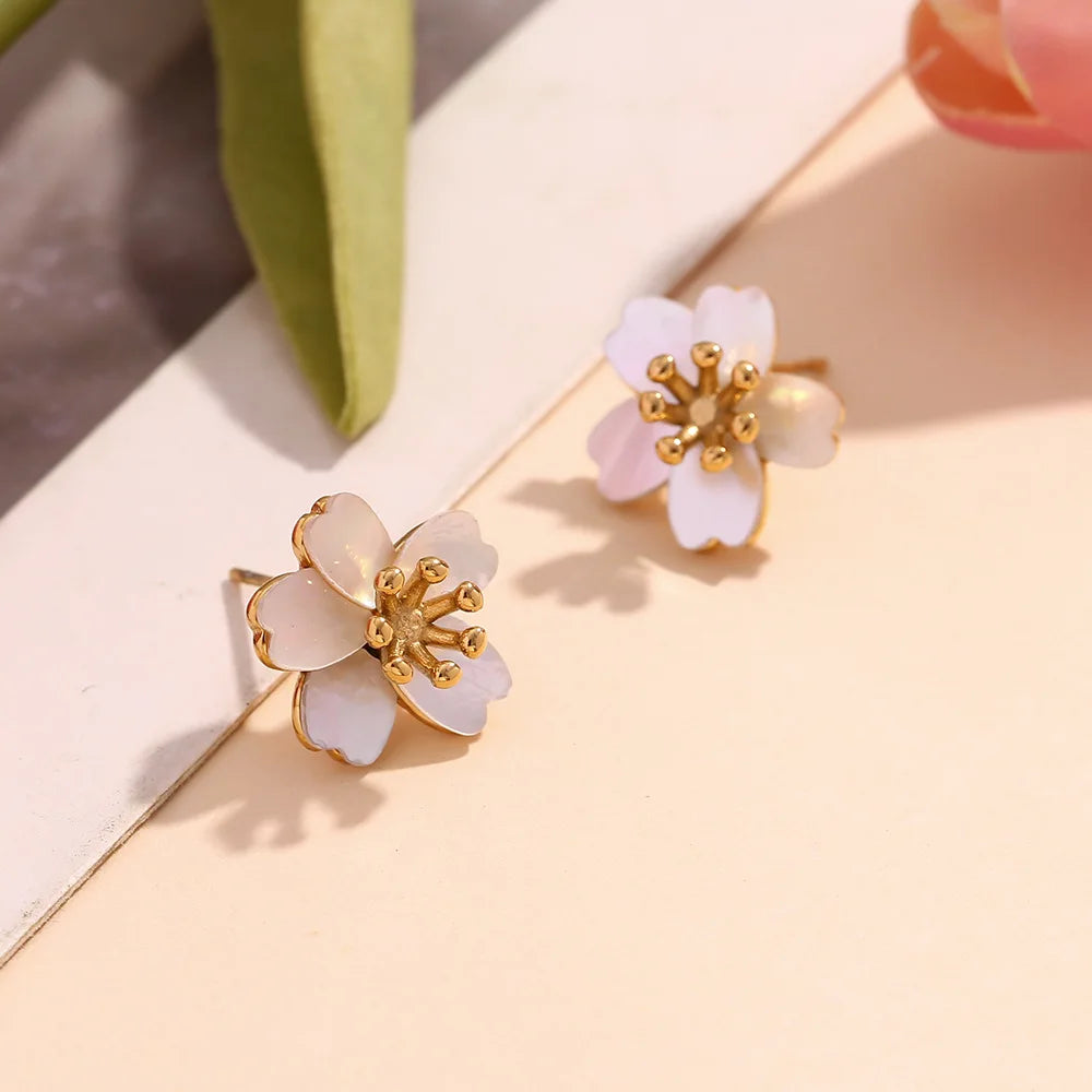 Women's Trendy 18K Gold-Plated Stainless Steel Stud Earrings Natural Shell Sakura Flower Design Hypoallergenic for Summer