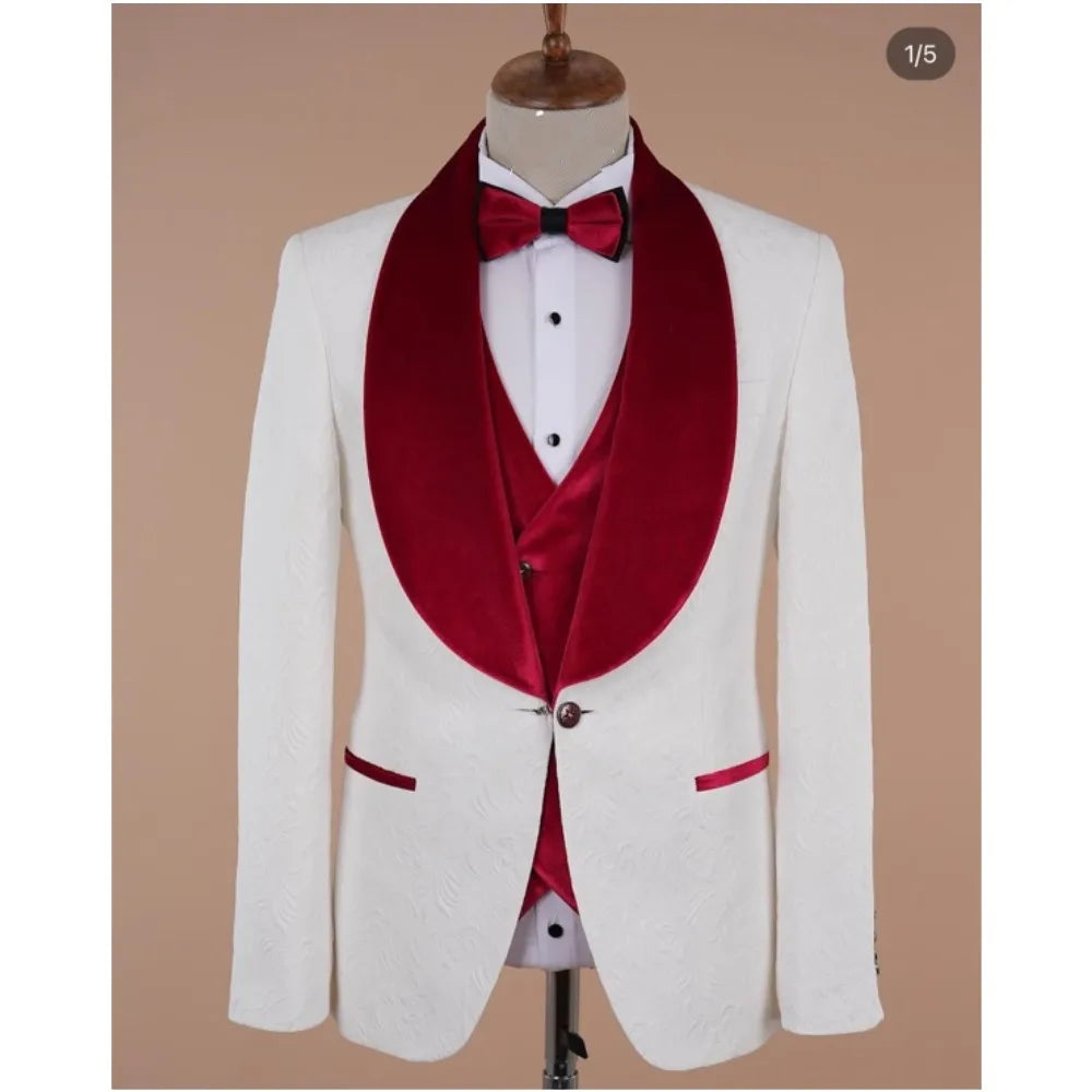 Fashion Men Suits Jacquard Velvet Shawl Lapel Vest Custom Made Costume Homme Wedding Groom Prom Terno Masculino Slim Blazer 3 Pc