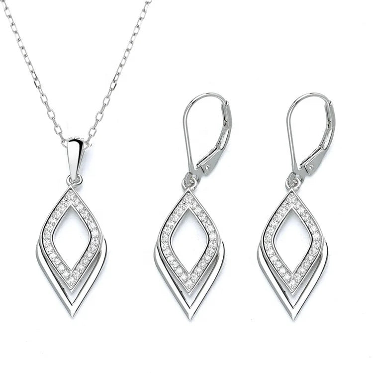New Designs Rhombus 925 Sterling Silver Earrings and Pendant Bridal Jewelry Set