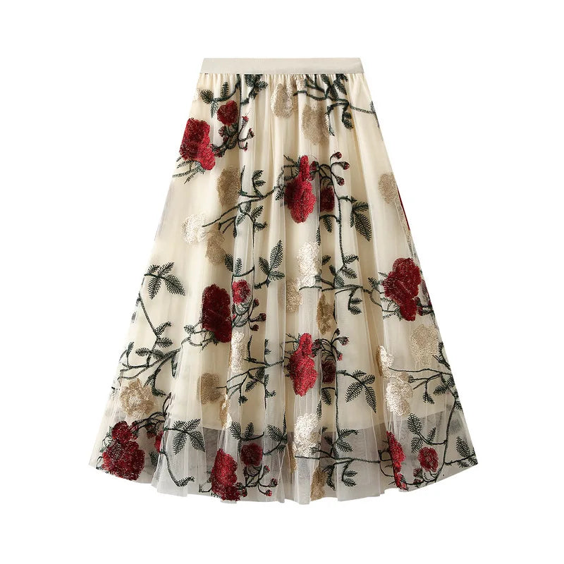 New Fashion Women'S Floral Embroidery Knit Lady Skirt Women Retro Mid-Length Skirt