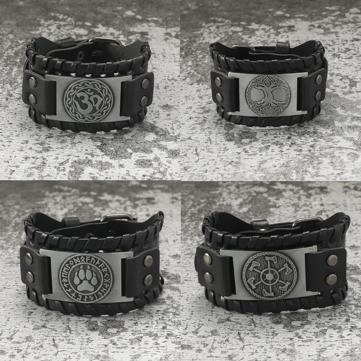 Retro Leather Proof Woven Accessories Charm Leather Braided Rope Viking Bracelet Wolf Head Wide PU Leather Bracelet for Men