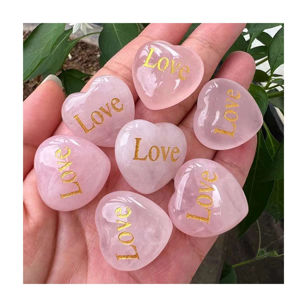 Engraved Gold Color Love Words Pink Heart Worry Stone Natural Rose Quartz Heart Palm Pocket Stone Wedding Gifts