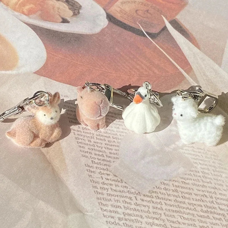 Resin Capibara Keychain Flocking Animal Doll Key Chains Fluffy Elk Alpaca Keychain Funny Key Ring Cute Bag Pendant Duck Keychain