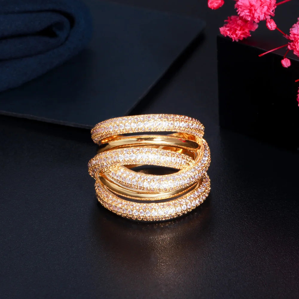 Personalized Multi Layered Twist Lines Luxury African Cubic Zircon Big Wedding Engagement Ring for Women Dubai Gold Filled Ring