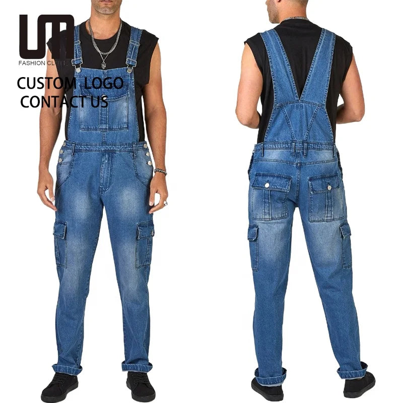 2025 Men's Denim Overalls Jumpsuit with Pockets - Casual One-Piece Long Jeans Rompers Straight Leg Pant Autumn Winter Fashion