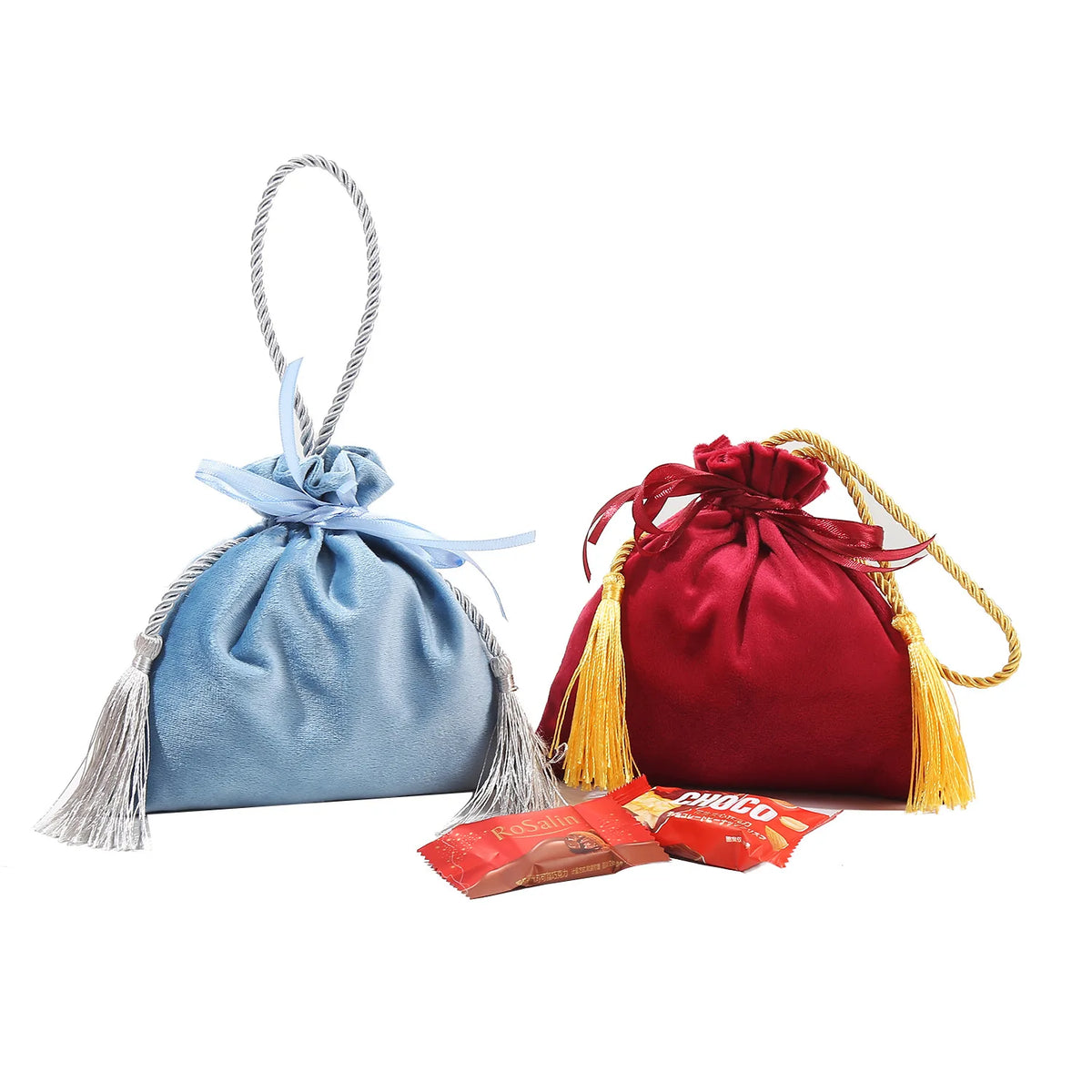 16*16Cm Silk Velvet Length Handle Multi-Use Food Grade Gift Bag Candy Tote Bag with Tassels Wedding Packaging & Printing Product
