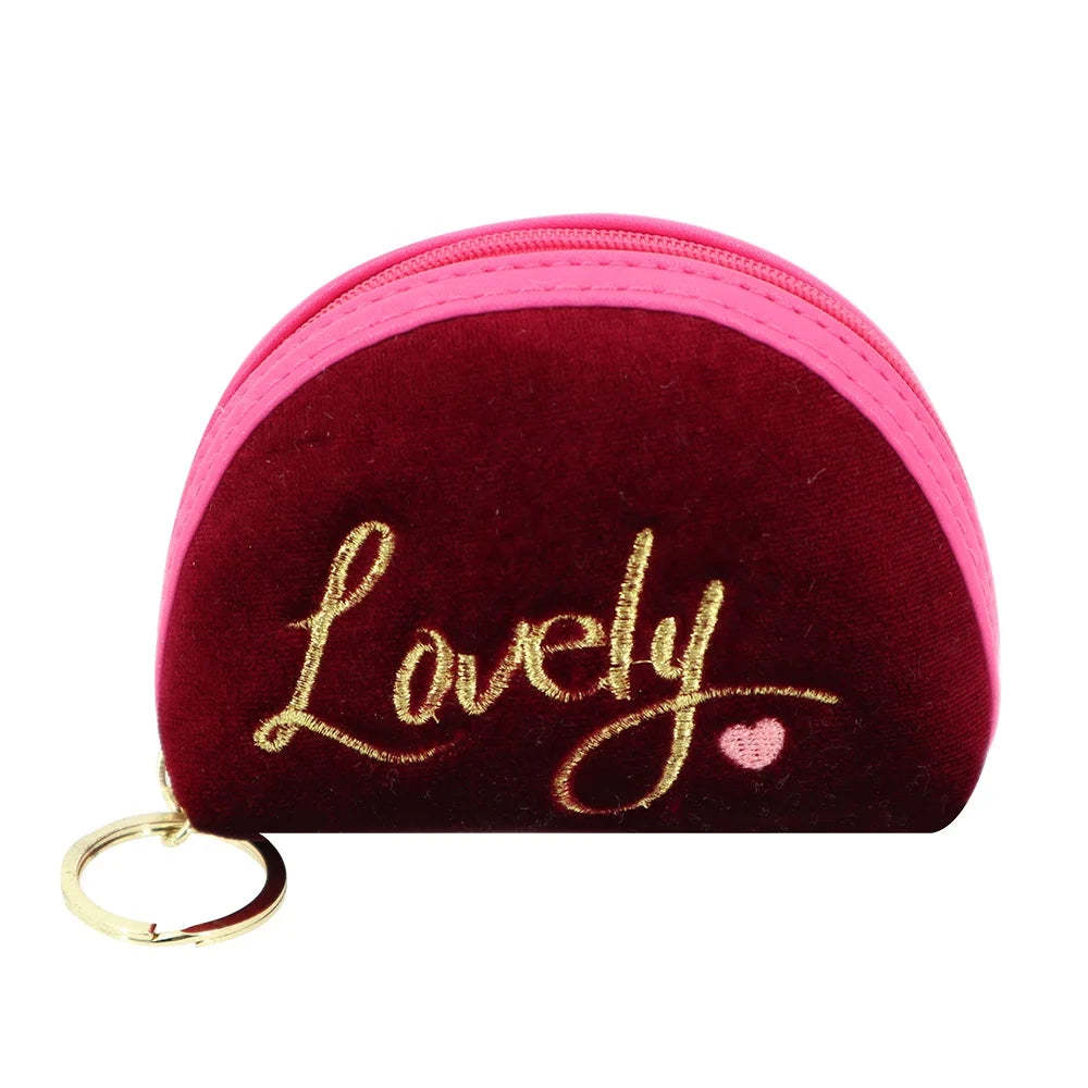 Embroidered Logo Minimalist Travel Pocket Wallet Female Women Purse Wallet Fluffy Velvet Fabric Makeup Bag with Metal Ring