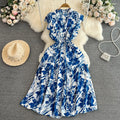 High Quality Summer Elegant V-Neck Tunic Slim Midi Dress for Women Flying Sleeve Empire Printed Ruffled Lace Dresses