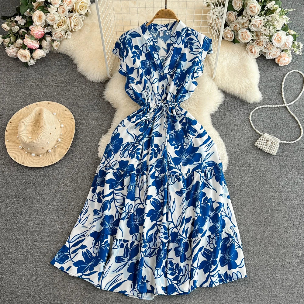 High Quality Summer Elegant V-Neck Tunic Slim Midi Dress for Women Flying Sleeve Empire Printed Ruffled Lace Dresses