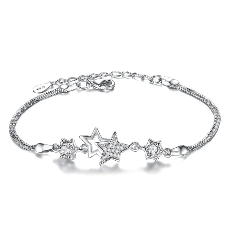 Fashion Jewelry Lovely Wholesale Cz Quartz Crystal Zircon Bracelet S925 Silver Two Star Design Women Charm Bracelet