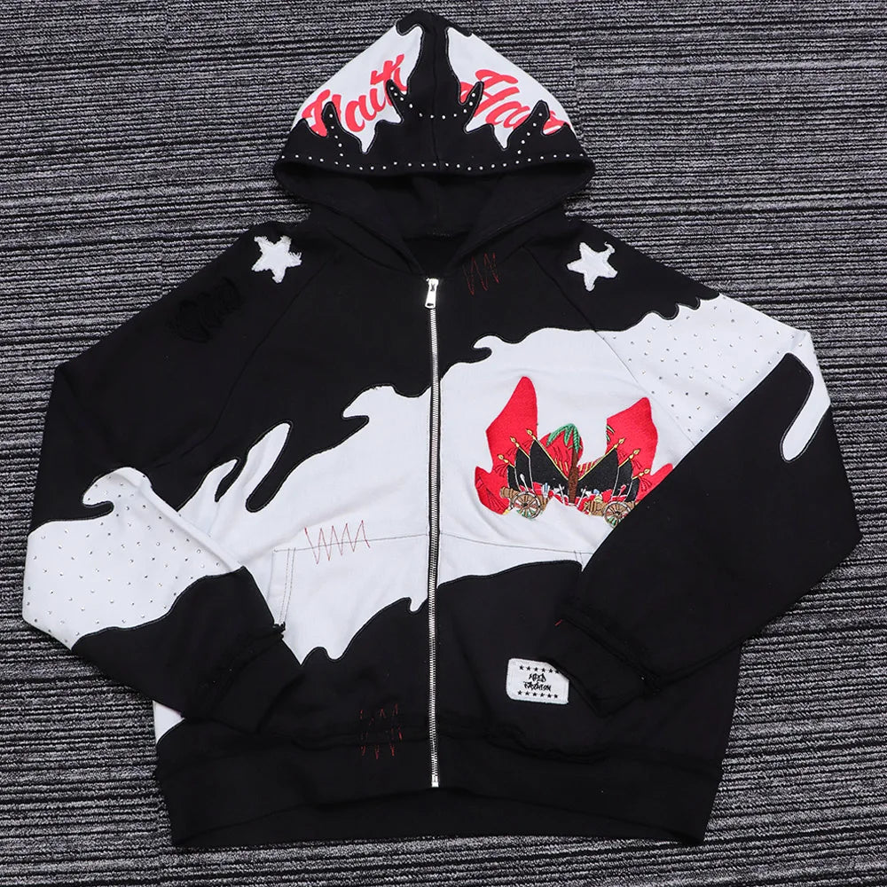 Hoodie Manufacturers Patchwork Design Rhinestone Embroidered Distressed Hooded Sweatshirt Designer Zip up Hoodie for Men