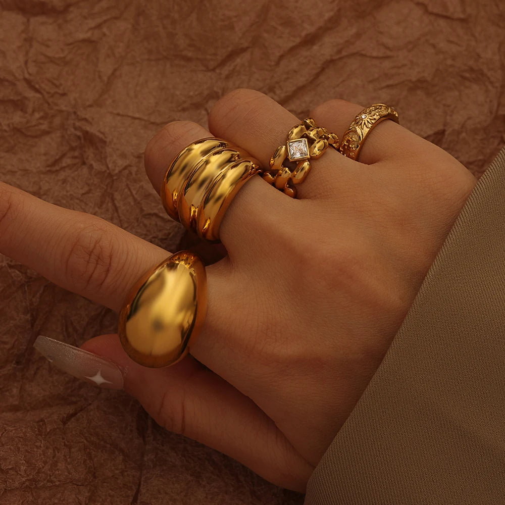 Vintage Chunky Jewelry High Quality Waterproof Stainless Steel Mesh Shape Chain Link Combination Zircon Paved Rings