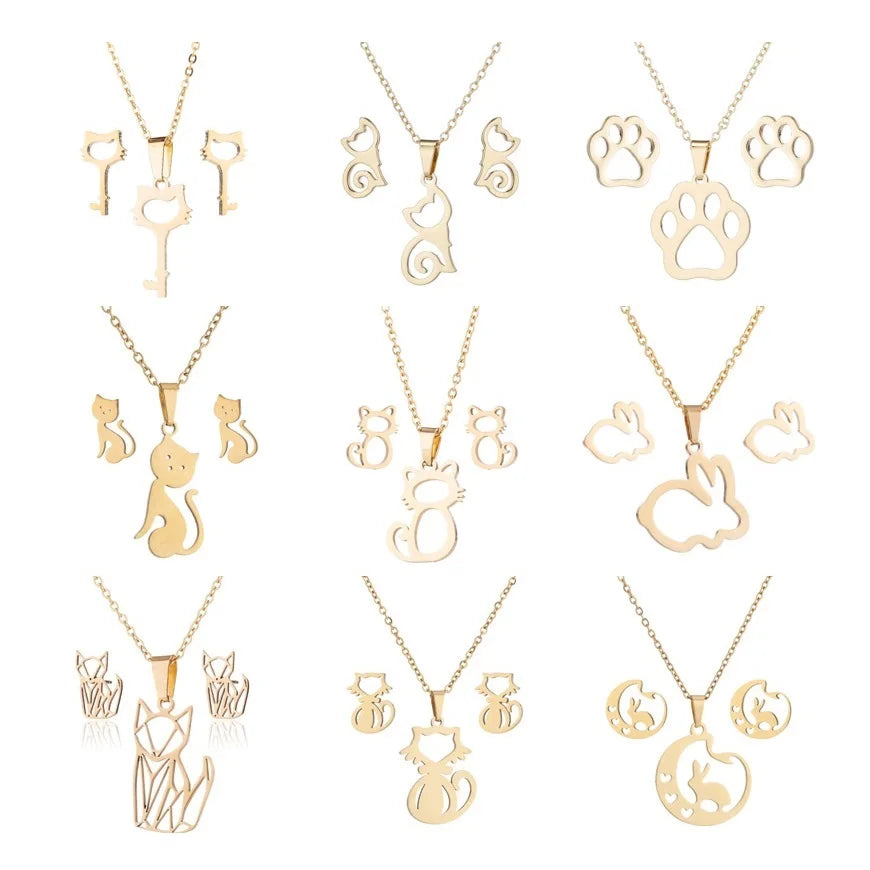 New Cartoon Cute Animal Pendant Necklace Non Tarnish Stainless Steel Earring Necklace Hollow Cat Jewelry Set Gifts for Women