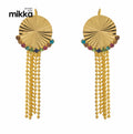 Dangling Dainty Long Tassels 18k Solid Gold Round Zircons Earrings Dangle Textured Threader Earrings