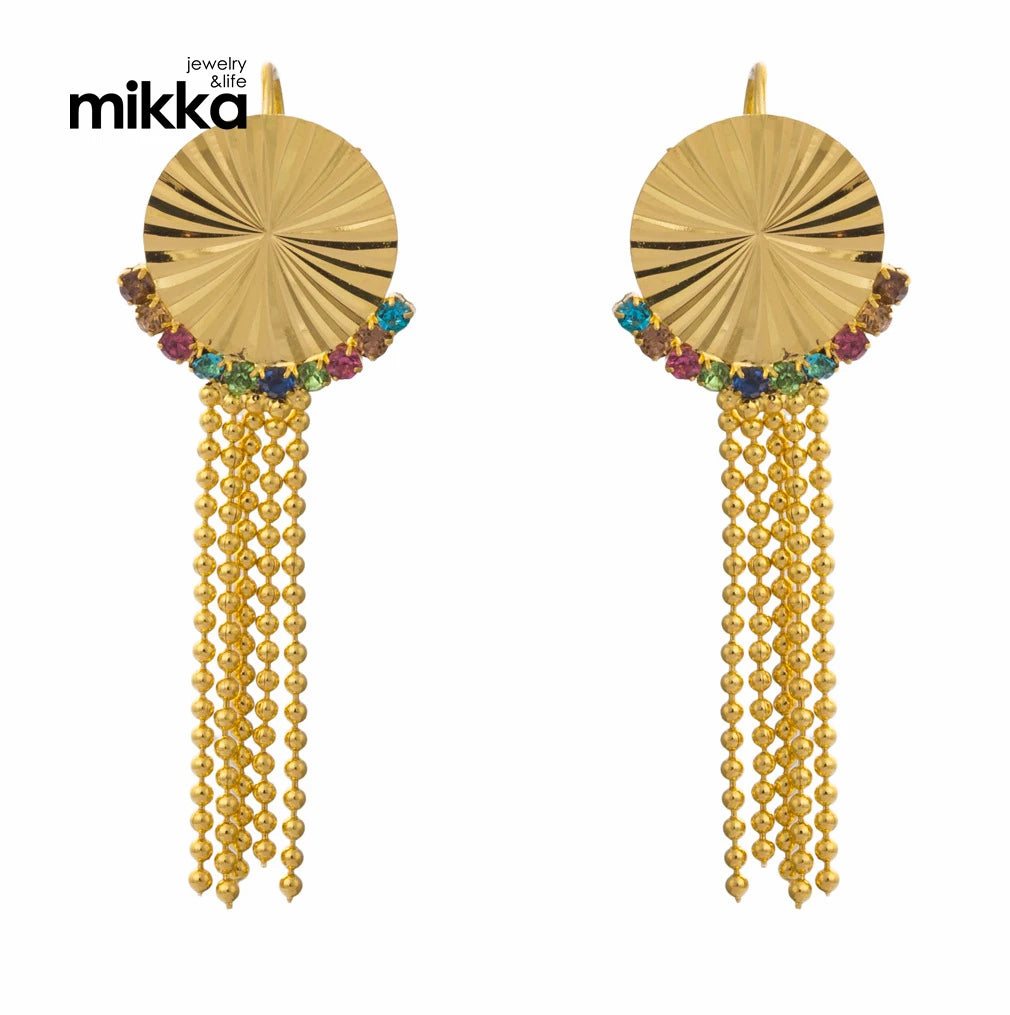 Dangling Dainty Long Tassels 18k Solid Gold Round Zircons Earrings Dangle Textured Threader Earrings