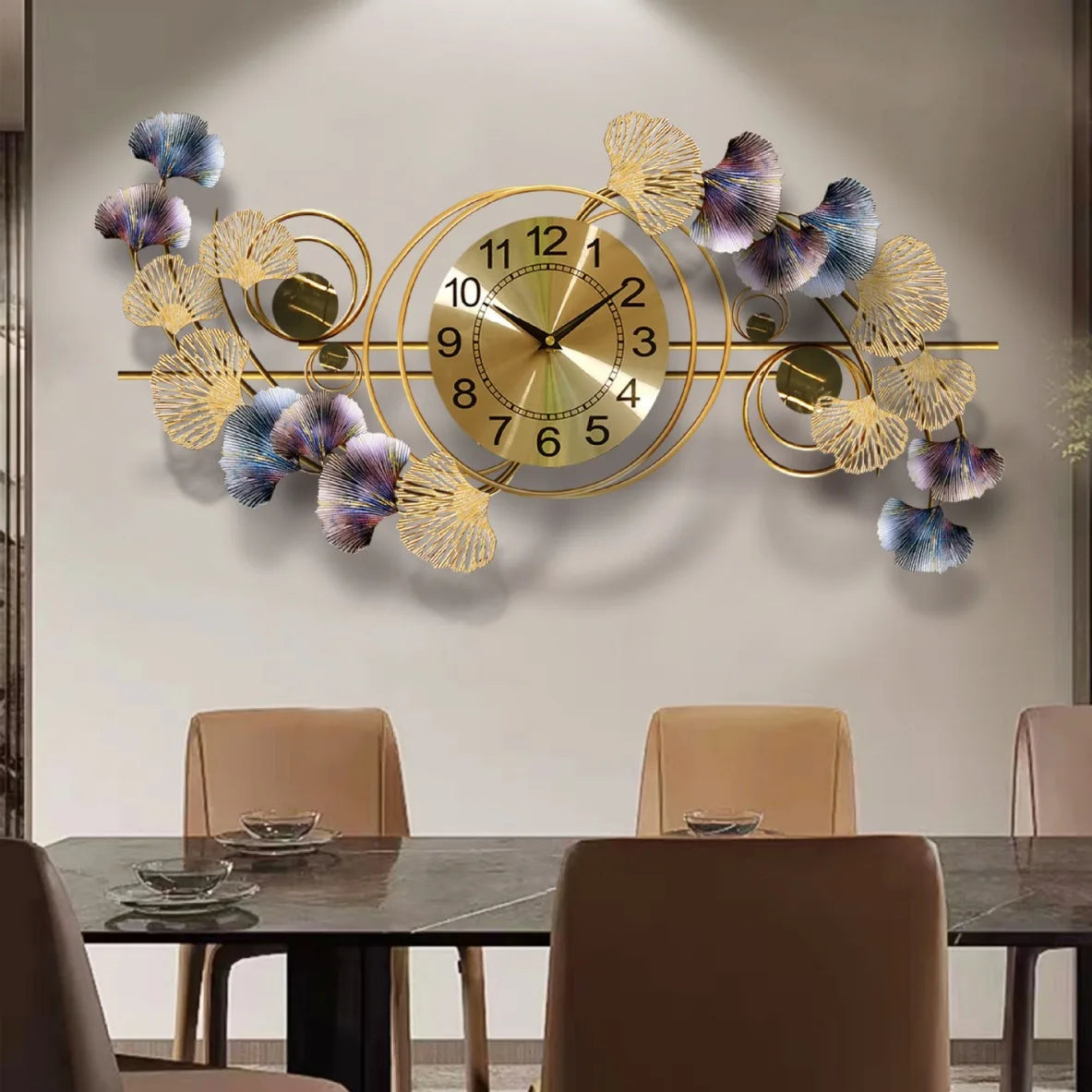 Creative Home Decorative Modern Luxury Ginkgo Biloba Wall Clock Single Face Iron Abstract Needle for Living Room Office Shop