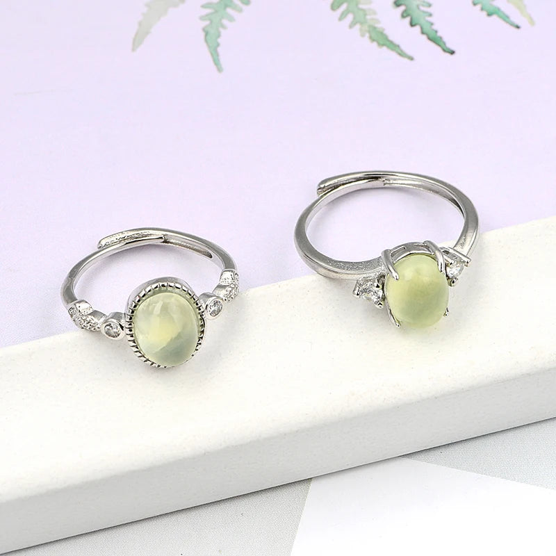 Exquisite Natural Green Prehnite Crystal Stone Ring 7*9 Brass Oval Crystal Ring