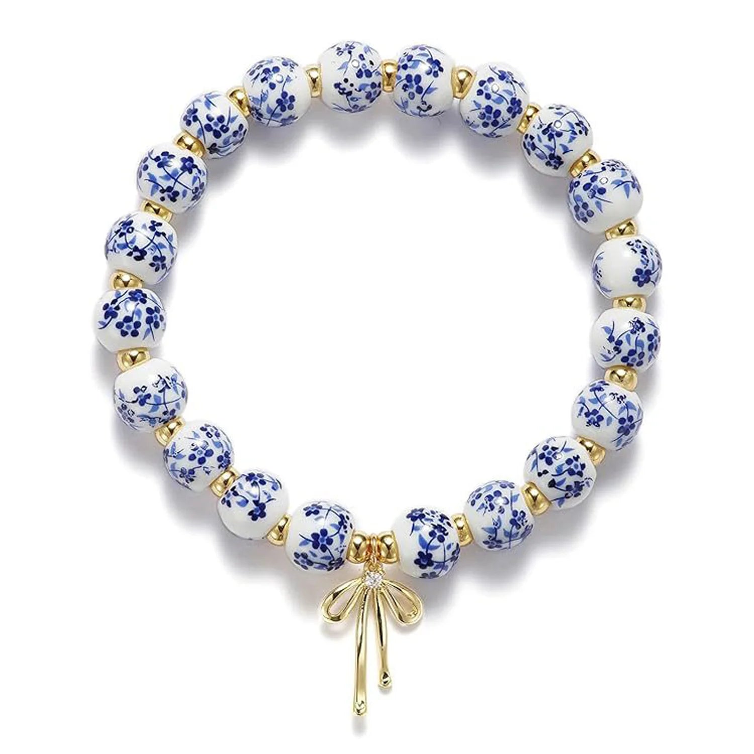 Ceramic Beaded Bow Charm Unisex Flower Vintage Bracelet Handmade Stretch Gold Plated Dainty Romantic Party Jewelry Gift