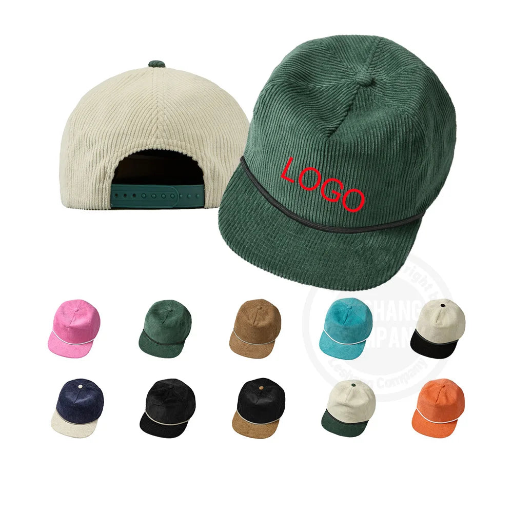 Unisex Vintage Unstructured Corduroy Retro Flat Brim Dad Hats Custom Embroidery Patch Logo 5 Panel Blank Rope Baseball Caps