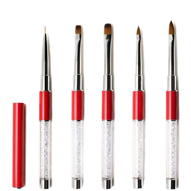 Wholesale Red Metal Handle Gel UV Nail Art Brush with Red White Rhinestone Premium Nylon Liner Oval Flat 3D Acrylic Nail Brush