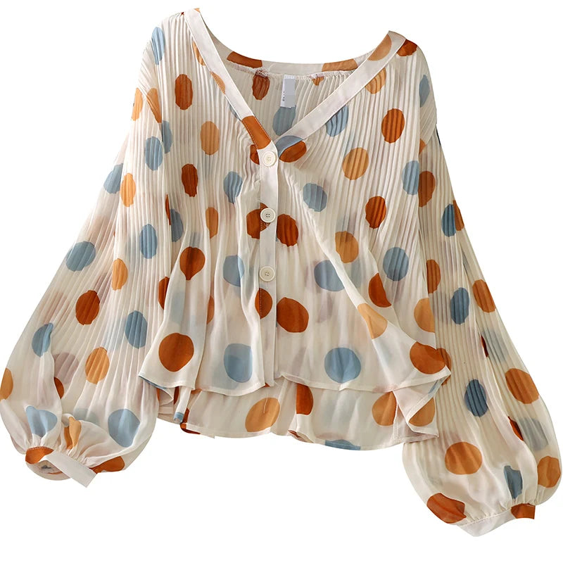 Lantern Sleeve Polka Dot V-neck Chiffon Sunscreen Shirt Women's Air-conditioning Shirt Summer New Loose Chiffon Cardigan Sweet